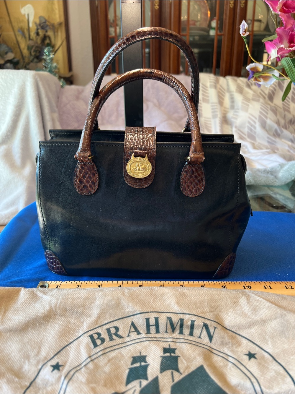 Brahmin Black Satchel with Brown Croc-Embossed Trim and Gold-Tone Medallion